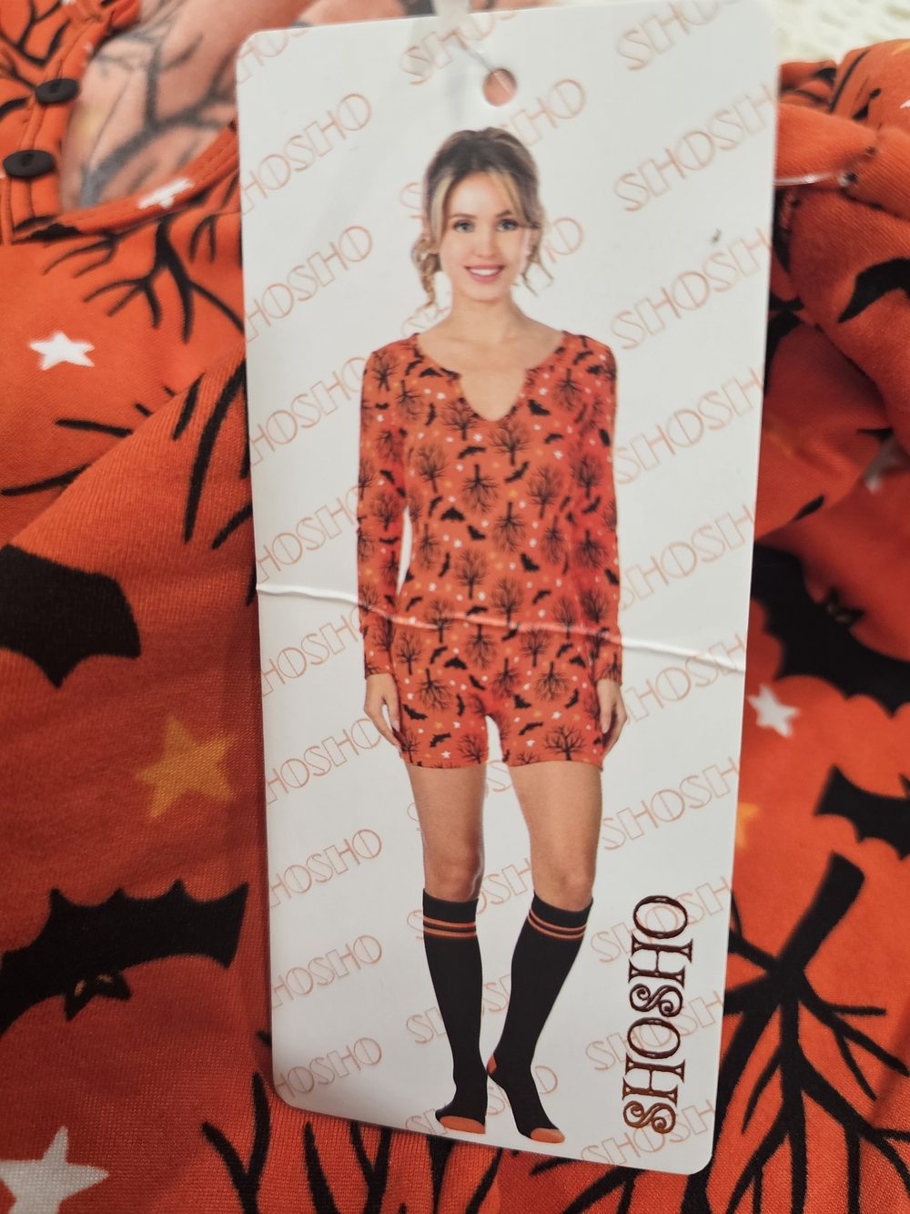 shosho Orange Halloween Tree & Bat Women's Pajama Set M